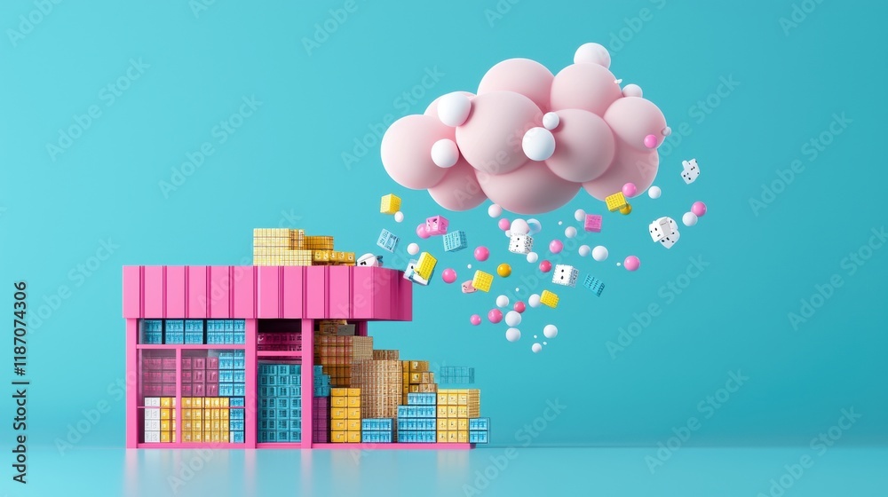 A graphic illustration of a warehouse with product information and inventory data flowing into a cloud, representing the digitalization of inventory management. A graphic illustration of a warehouse with product information and inventory data flowing into a cloud, representing the digitalization of inventory management.