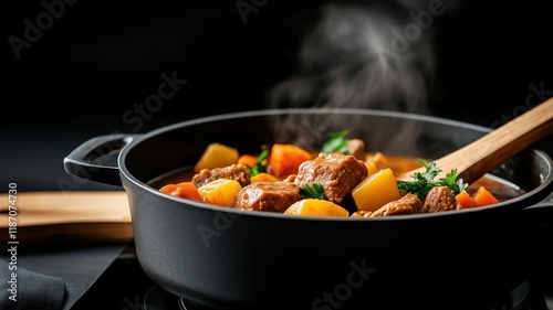 Rustic cooking experience with shurpa stew gently bubbling on stove photo