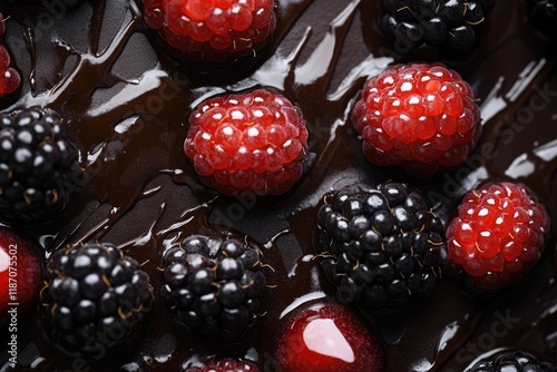 Close-up of a decadent chocolate dessert adorned with juicy raspberries and blackberries. photo