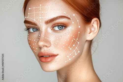Close-up of woman’s face with digital grid overlay, illustrating advanced facial symmetry analysis