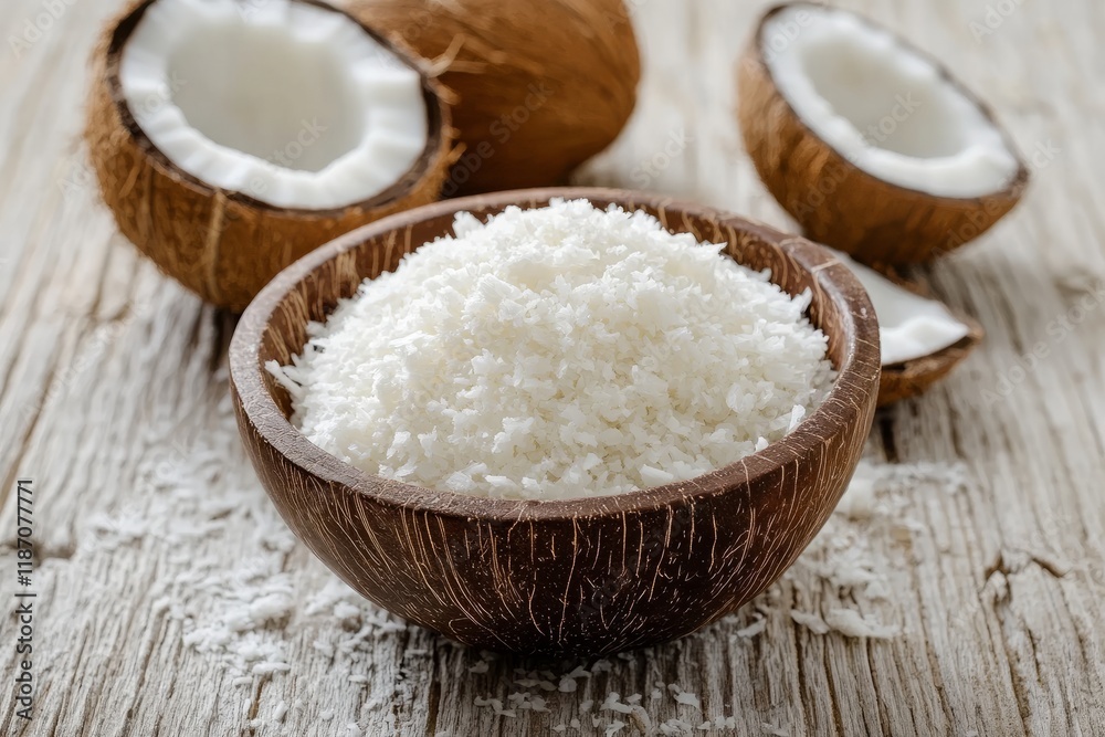 Grated coconut meat in a small wooden bowl with whole and halved coconuts on a rustic wooden surface Grated coconut meat in a small wooden bowl with whole and halved coconuts on a rustic wooden surface