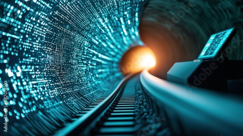 A futuristic control room with multiple screens monitoring the progress of hyperloop capsules traveling through a network of tunnels. photo