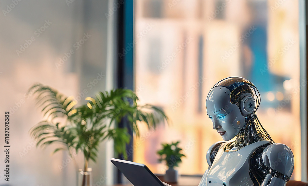 A futuristic white robot is sitting at a desk in a modern office, looking at a tablet.