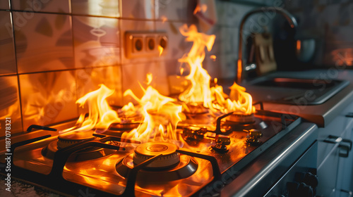 Cuisinière à gaz avec plusieurs flammes vives dans une cuisine. photo