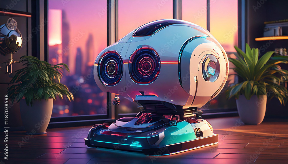 A futuristic white robot is sitting in a modern living room, looking towards a large window. The robot has a round, friendly-looking face with blue lights