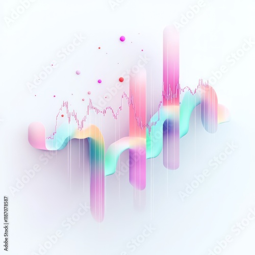 Candlestick chart in glowing pastel colors with Bollinger Bands, floating on a pure white background photo