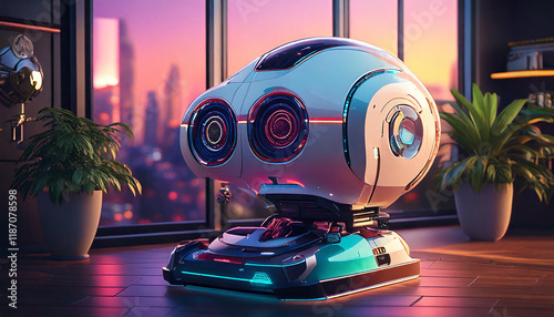 Obraz na płótnie A futuristic white robot is sitting in a modern living room, looking towards a large window. The robot has a round, friendly-looking face with blue lights w salonie