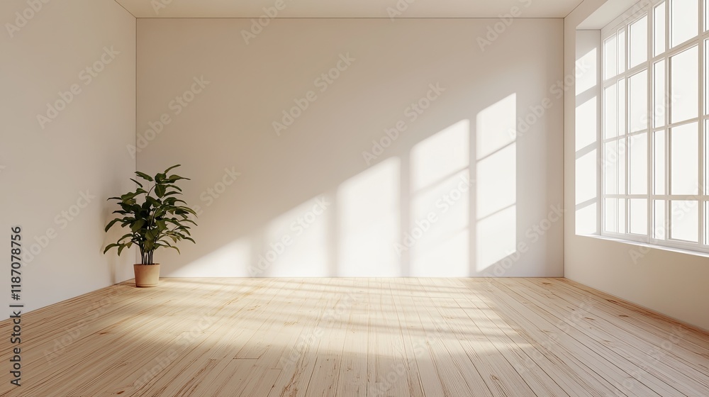 Obraz premium A minimalist 3D-rendered room with large white walls and light wooden flooring captures Scandinavian simplicity and calmness.