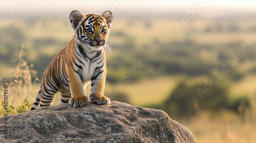 Cute little striped bengal tiger cub standing in a high rock in safari, african wildlife nature, looking at the horizon view of savanna jungles and sunny valleys full of predators and wild cats.