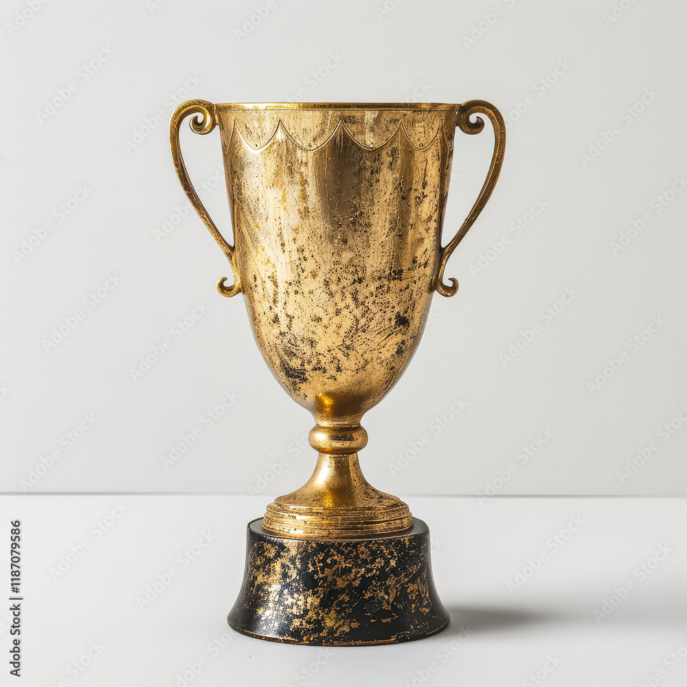 Gold cup with a black base sits on a white background. Gold cup with a black base sits on a white background.
