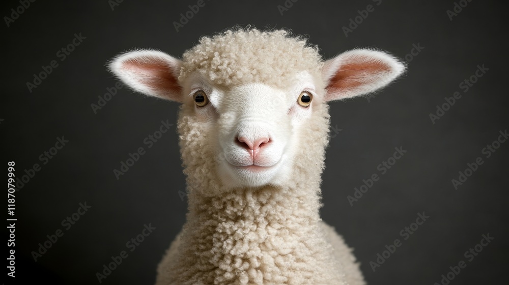 Fototapeta premium Adorable Lamb Portrait Curly White Wool, Innocent Eyes, Dark Background, Studio Photography