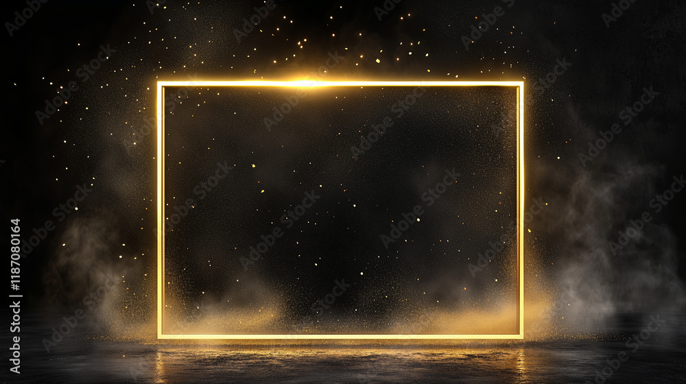 Obraz premium Golden luxury glowing rectangular frame with gold dust on the black background, elegant backdrop, award ceremony banner