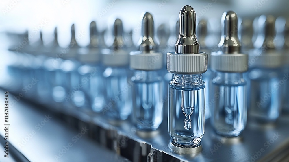 Rows of small glass bottles with droppers filled with clear liquid on a metal tray. Rows of small glass bottles with droppers filled with clear liquid on a metal tray.