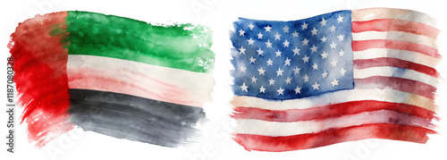Watercolor flags, vibrant colors, artistic representation, cultural symbols, USA and UAE, patriotic imagery, creative design.