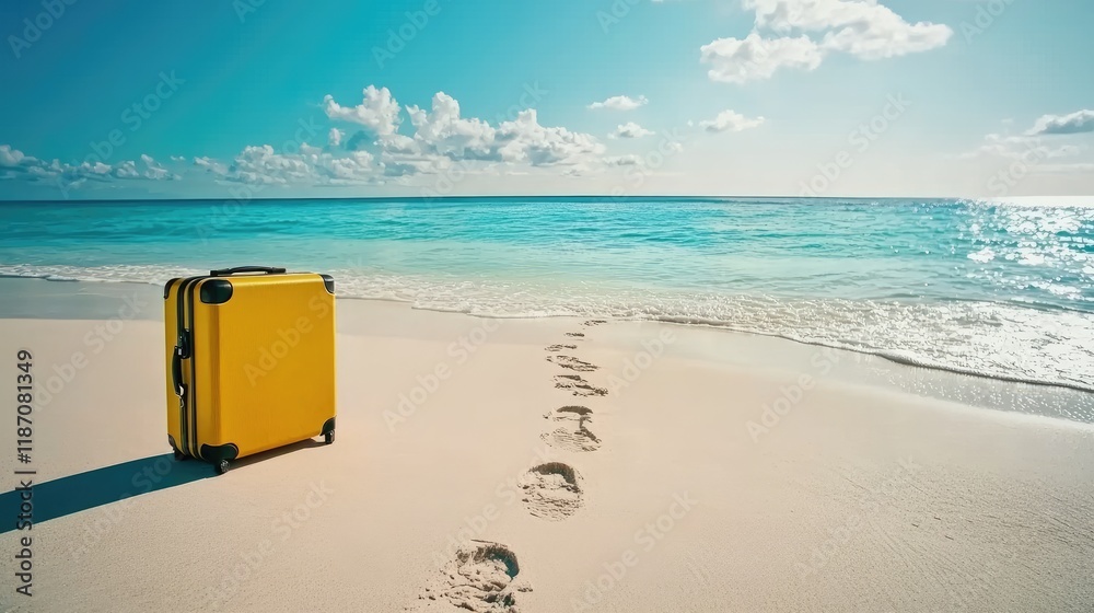 A modern yellow suitcase stands tall on a beach, footprints in the sand leading towards the crystal-clear ocean. A modern yellow suitcase stands tall on a beach, footprints in the sand leading towards the crystal-clear ocean.