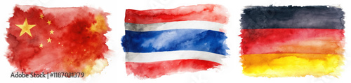 Watercolor flags, vibrant colors, China flag, Thailand flag, Germany flag, artistic representation, cultural symbols.