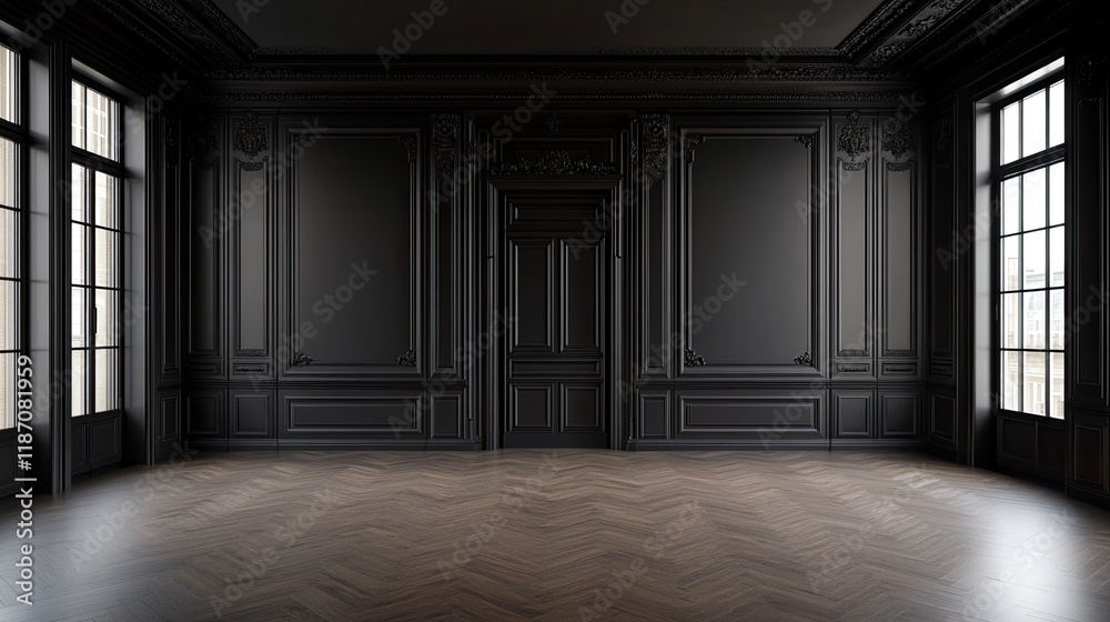 Fototapeta premium A sophisticated black-paneled room with wooden floors, 3D-rendered to showcase its potential for modern or classic design.