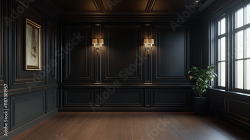 A sophisticated black-paneled room with wooden floors, 3D-rendered to showcase its potential for modern or classic design.