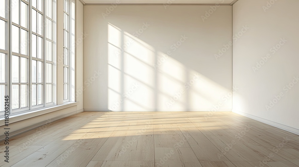 A spacious, 3D-rendered Scandinavian room with a wooden floor and white wall creates a tranquil setting for Nordic interiors. A spacious, 3D-rendered Scandinavian room with a wooden floor and white wall creates a tranquil setting for Nordic interiors.