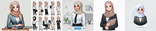 vector set of beautiful hijab wearing secretary characters