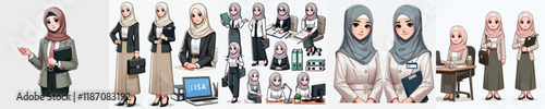 vector set of beautiful hijab wearing secretary characters