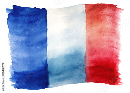 Watercolor French flag, vibrant blue, white, red colors, artistic design, patriotic symbol, abstract style.