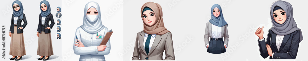 vector set of beautiful hijab wearing secretary characters vector set of beautiful hijab wearing secretary characters