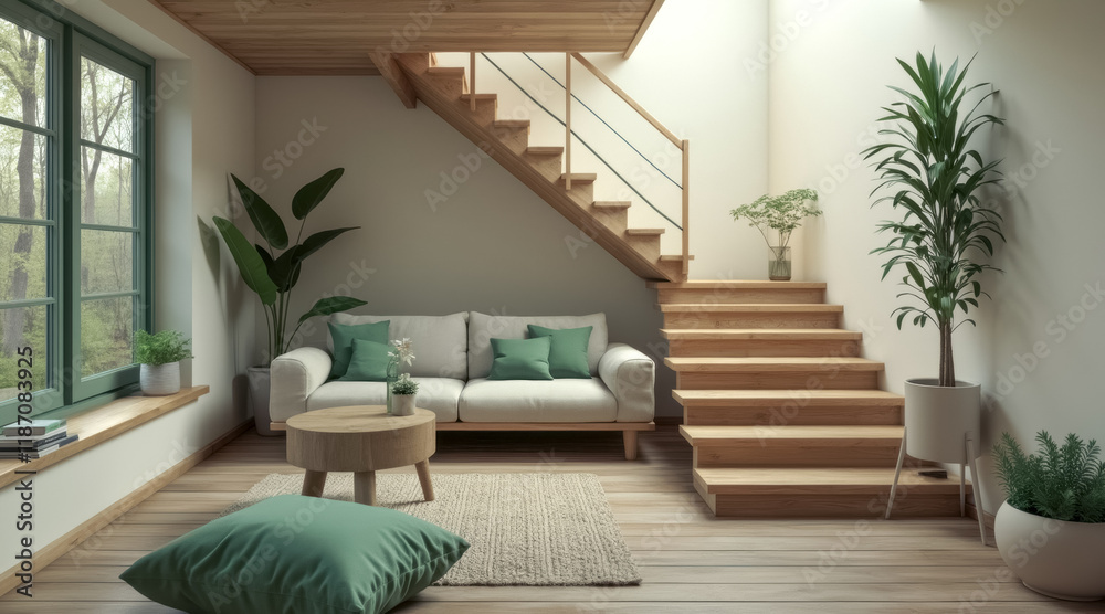Fototapeta premium serene living room with wooden staircase greenery