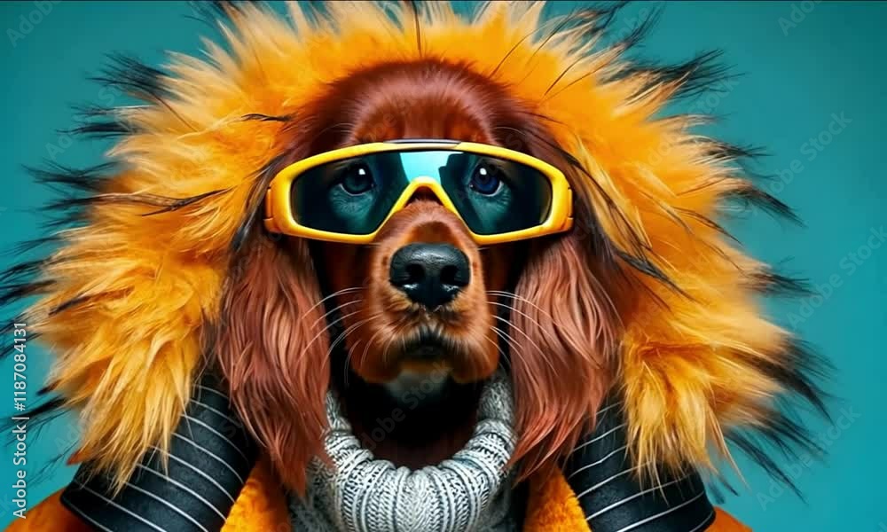 A quirky dog dressed in a fluffy orange parka and trendy sunglasses captures attention with its playful yet stylish look, radiating joy against a colorful blue background A quirky dog dressed in a fluffy orange parka and trendy sunglasses captures attention with its playful yet stylish look, radiating joy against a colorful blue background