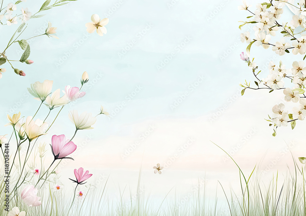 Frühlingshafte Aquarell-Illustration – Zarte Blumen mit Textfreiraum im Querformat