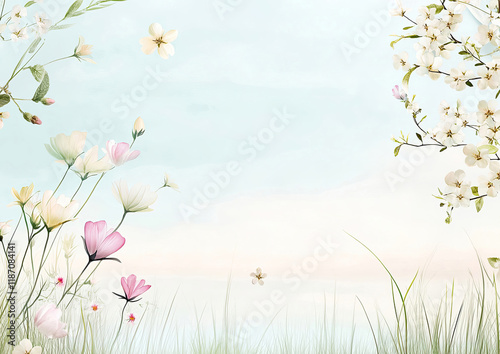 Obraz na płótnie Frühlingshafte Aquarell-Illustration – Zarte Blumen mit Textfreiraum im Querformat w salonie