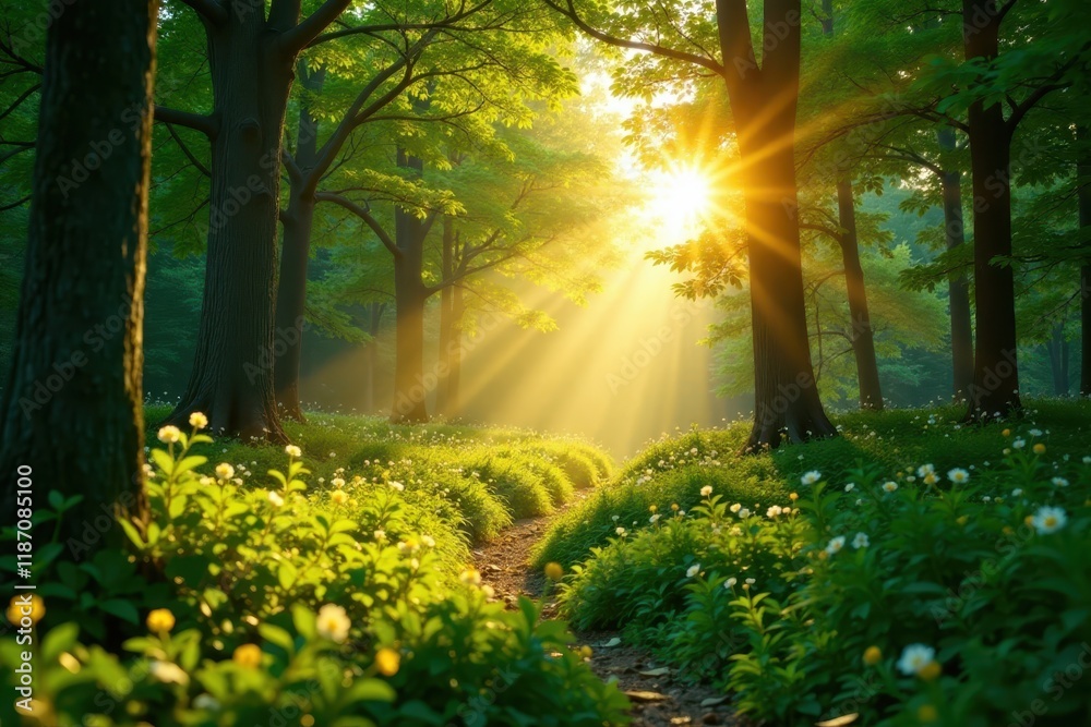 Obraz premium Golden hour sunbeams illuminate a vibrant green summer forest , natural, calm