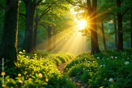 Golden hour sunbeams illuminate a vibrant green summer forest , natural, calm