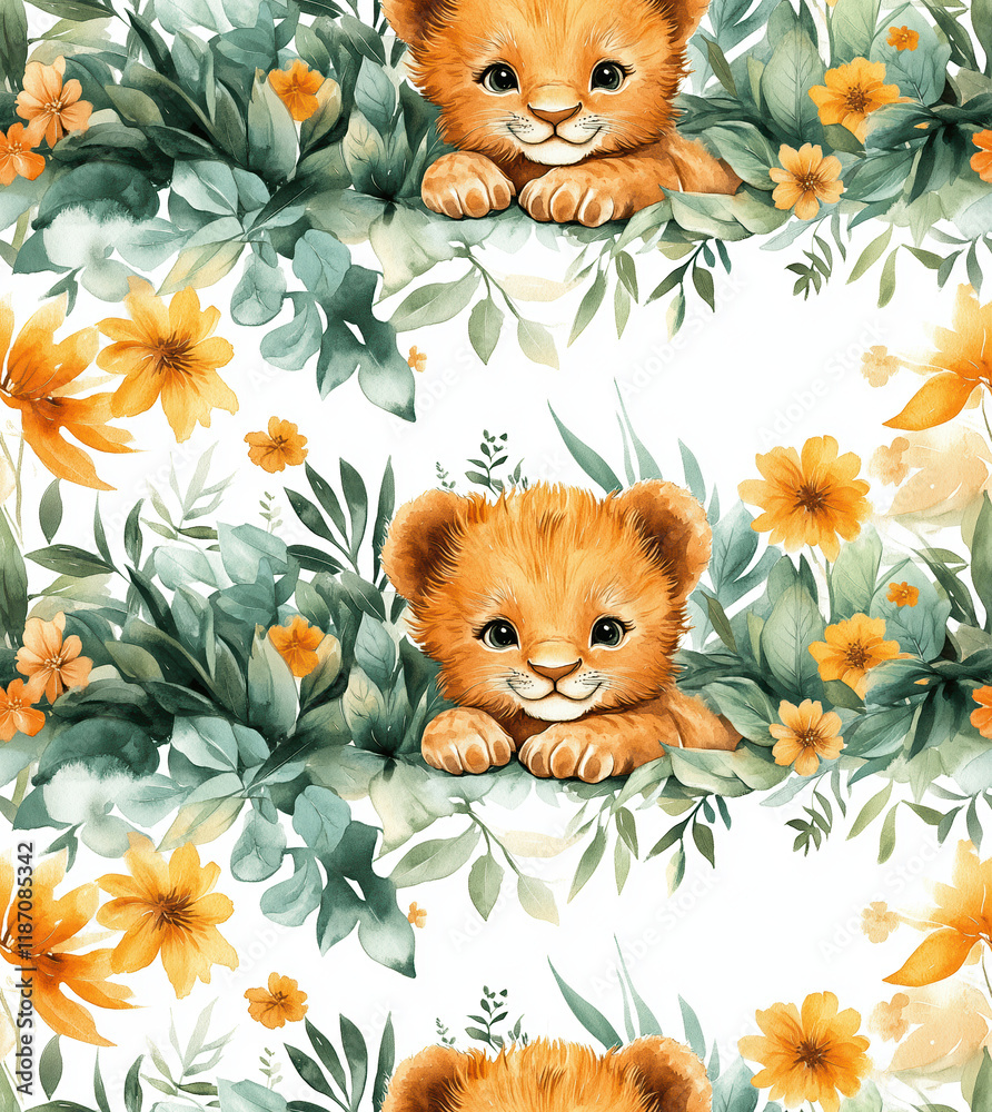 Fototapeta premium Adorable watercolor seamless pattern showcasing cute lions nestled in a garden of bright flowers and green leaves, ideal for fun children's clothing and decor.