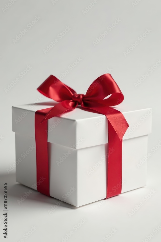 Red gift bow tied neatly on a white cardboard box, newyears, Christmas