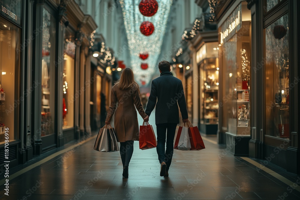 couple holding hands and walking through a high-end shopping district, each carrying multiple shopping bags couple holding hands and walking through a high-end shopping district, each carrying multiple shopping bags
