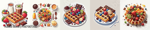 vector set of delicious belgian waffle dishes