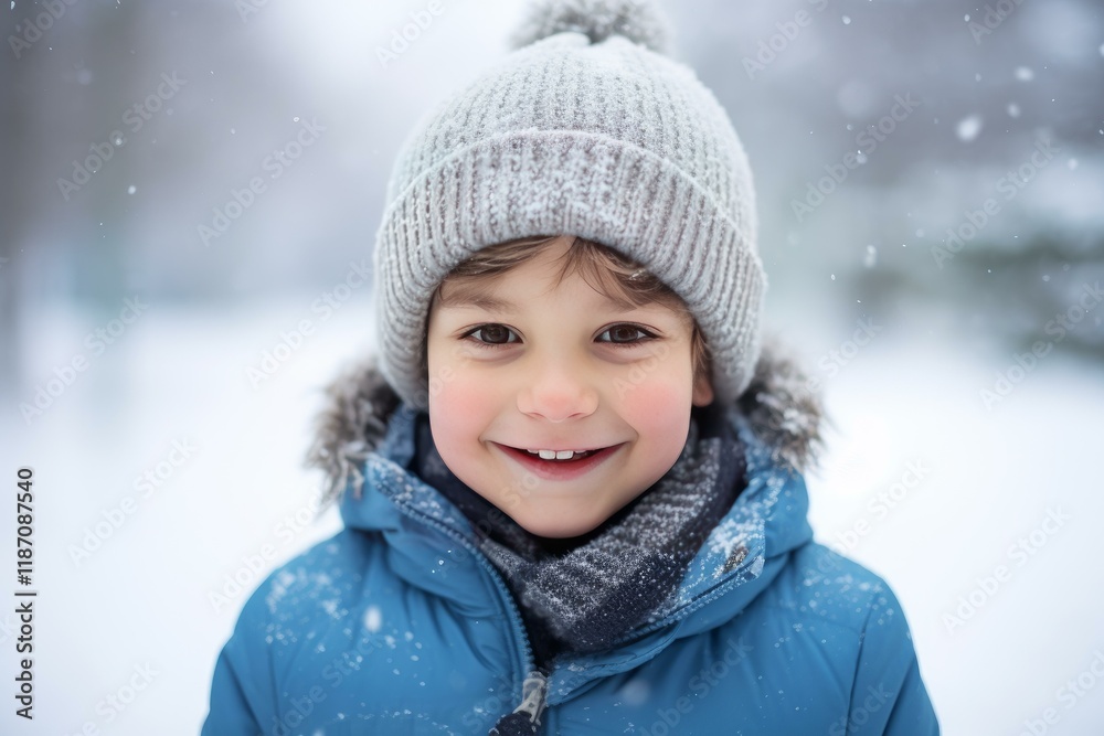 Portrait of happy child smiling under snowfall wearing winter clothes Portrait of happy child smiling under snowfall wearing winter clothes