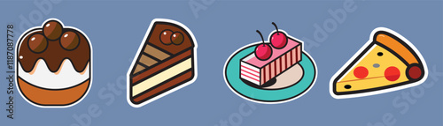 Sweet Treats Stickers, A delightful collection of dessert stickers featuring chocolate cake, cheesecake, cherry cake, and pizza. Perfect for adding a touch of sweetness to your designs. 