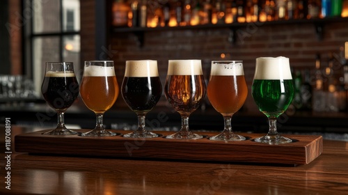 A Flight Of Assorted Beers In Tasting Glasses photo