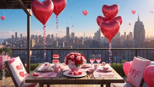 Valentine's Day celebration dining table atmosphere with daytime city view. smooth looping 4k video