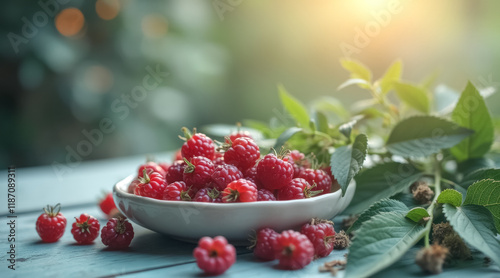 bowl ripe red raspberries fresh leaves on a wooden surface