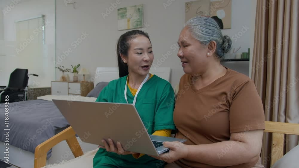 Asian young social worker teaching senior lady how to open internet browser and navigate web pages on laptop while visiting her at home