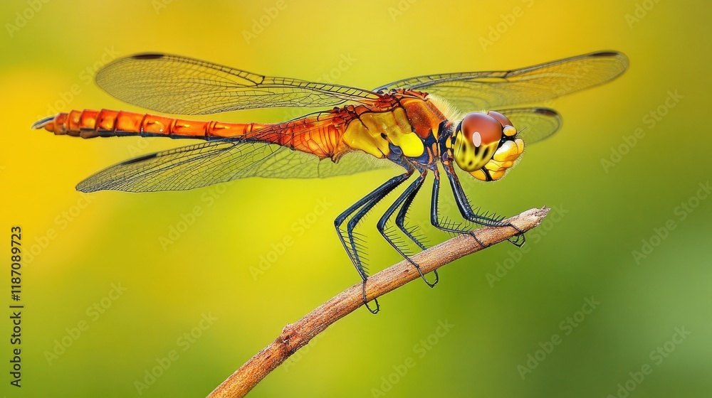 Vivid Dragonfly Perched on a Twig in Sunny Light Vivid Dragonfly Perched on a Twig in Sunny Light