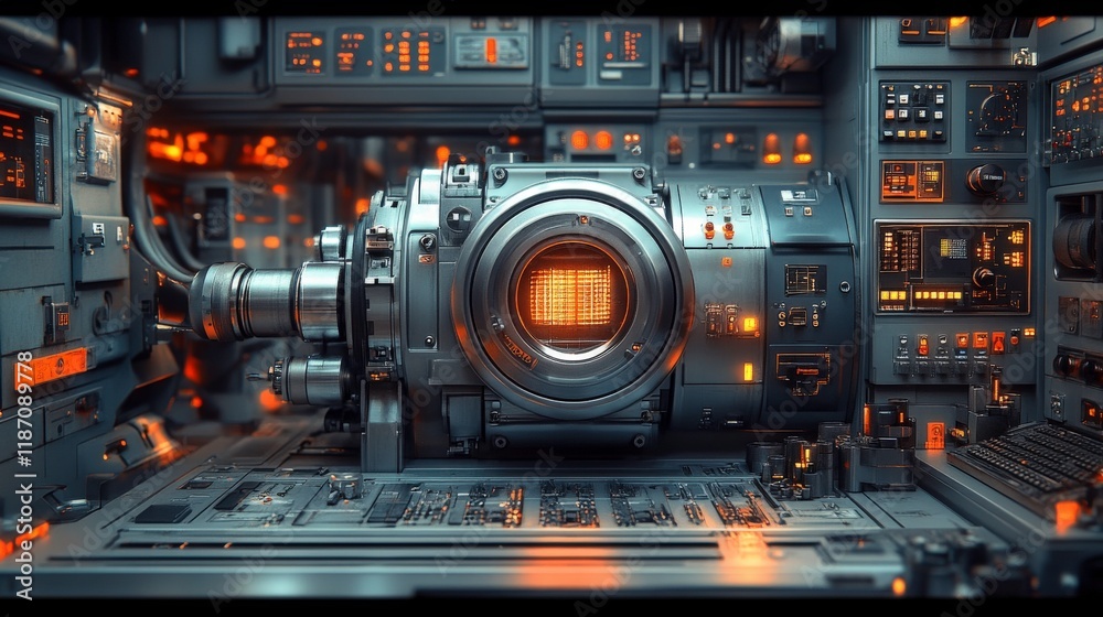 Obraz premium Futuristic Control Room Interior with Advanced Machinery, Screens, and Buttons in Science Fiction Setting Brightly Lit with Orange and Blue Accents