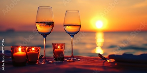 Romantic sunset beach scene, two wine glasses, rose petals, candlelight, ocean view, golden hour lighting, reflections on water, intimate setting, vibrant colors, soft focus, dreamy atmosphere, coasta