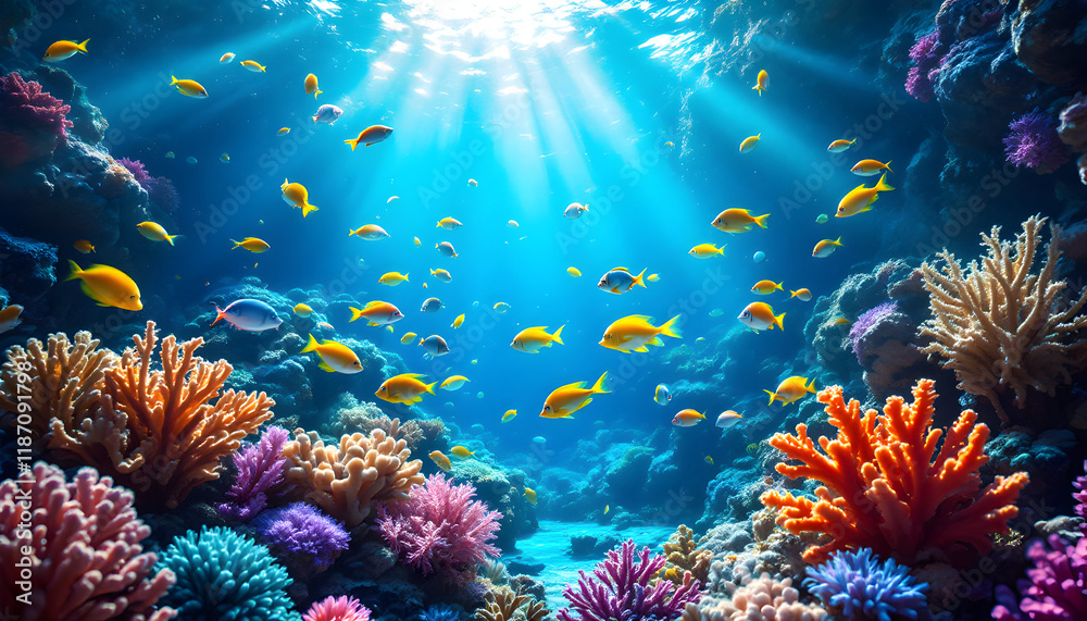 Fototapeta premium Vibrant Reef: Sunlit Coral and Tropical Fish