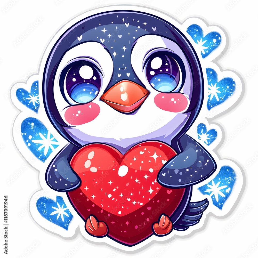 Fototapeta premium Cute penguin character holding a heart in a whimsical, colorful design during a cheerful setting