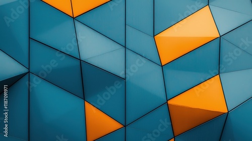 A vibrant geometric pattern featuring blue and orange triangular shapes, creating a striking visual contrast and dynamic design.