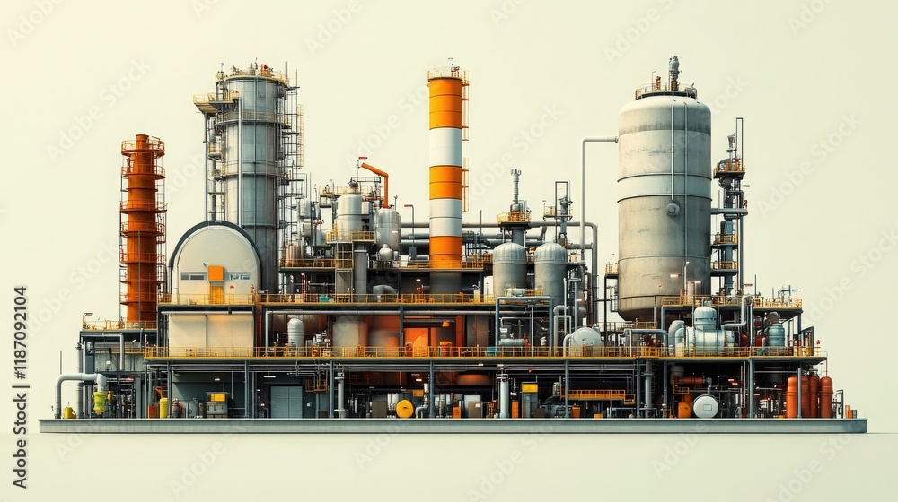 Industrial Facility with Complex Machinery and Structures, Featuring Towers, Tanks, Pipes, and Equipment in an Urban Setting Against a Light Background Industrial Facility with Complex Machinery and Structures, Featuring Towers, Tanks, Pipes, and Equipment in an Urban Setting Against a Light Background